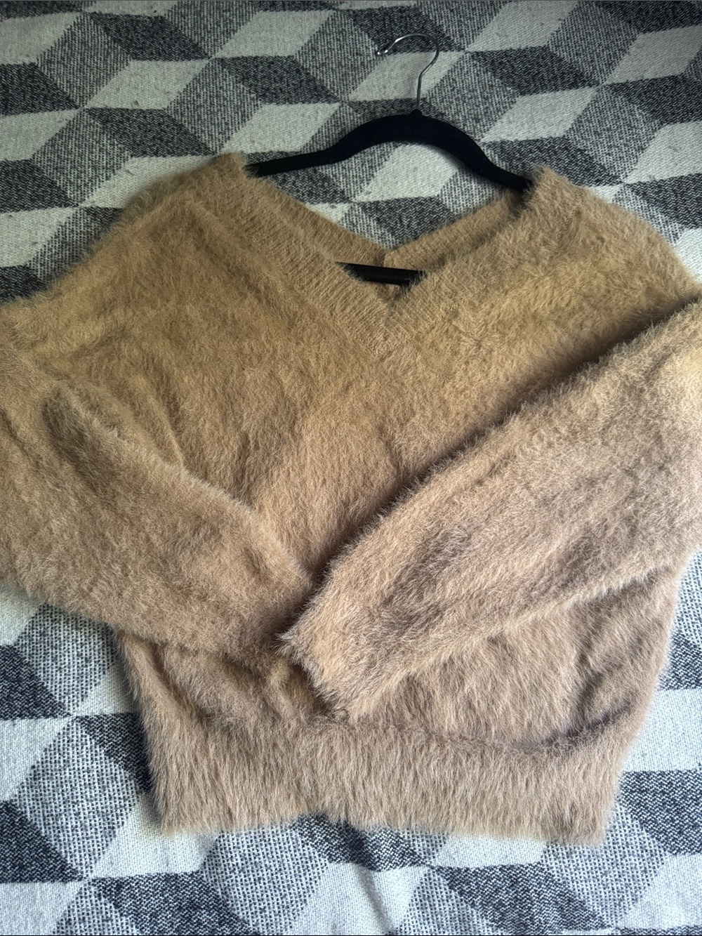 Cozy V-Neck Fuzzy sweater top in Camel